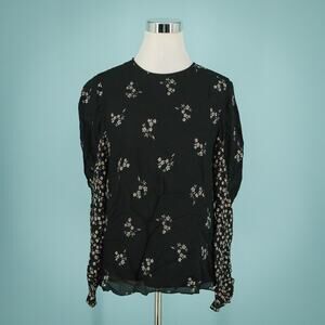 TIBI Size 2 Black Lila Floral Flower Daisy Print Florence Crew Long Sleeve Top